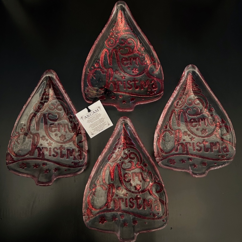 New Artisan Glass Christmas Tree Snack Trays Handcrafted Red/Gold Set Of 4 - Picture 5 of 7